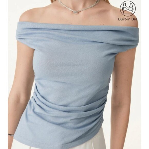 OGL Tops - OGL Blue Linen Blend Side Ruched Off Shoulder Asymmetric Hem Brami Top Sz Large